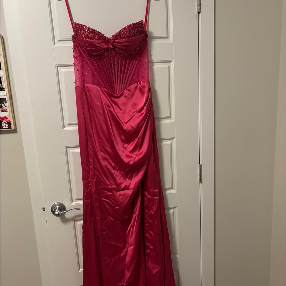 Strapless Fuchsia Gown with Beaded Bodice